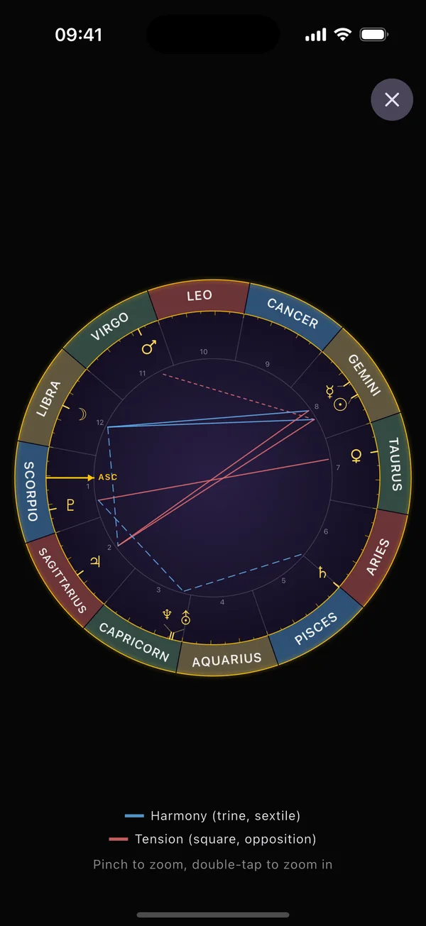 Birth chart wheel with signs, houses and planet positions