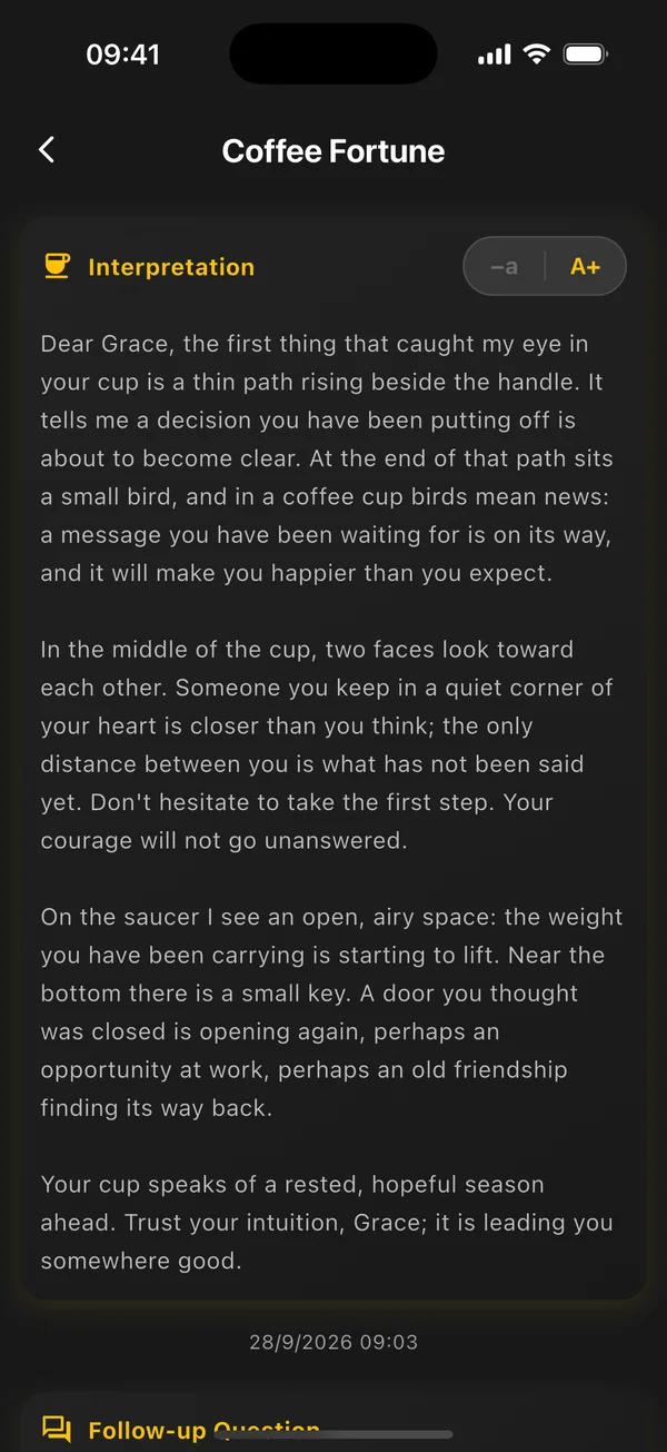 Coffee reading: a long text reading each symbol in the cup in turn